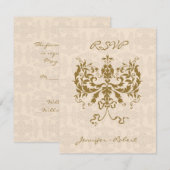 クリームと金ゴールドダマスクイニシャル応答カード 出欠カード (正面/裏面)