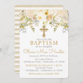 クリームと金ゴールドフローラガーデンバプテスマ 招待状 (正面/裏面)