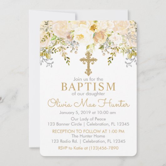 クリームと金ゴールドフローラガーデンバプテスマ 招待状 (正面)