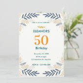 クリームと金ゴールドフローラ50誕生日 招待状 (スタンド正面)