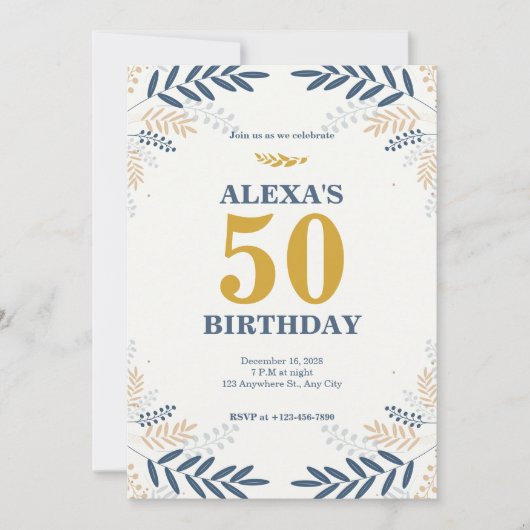 クリームと金ゴールドフローラ50th誕生日パーティー 招待状 (正面)