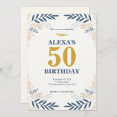 クリームと金ゴールドフローラ50th誕生日パーティー 招待状 (正面/裏面)