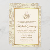 クリームと金ゴールドペイズリーイスラムの結婚式 招待状 (正面/裏面)