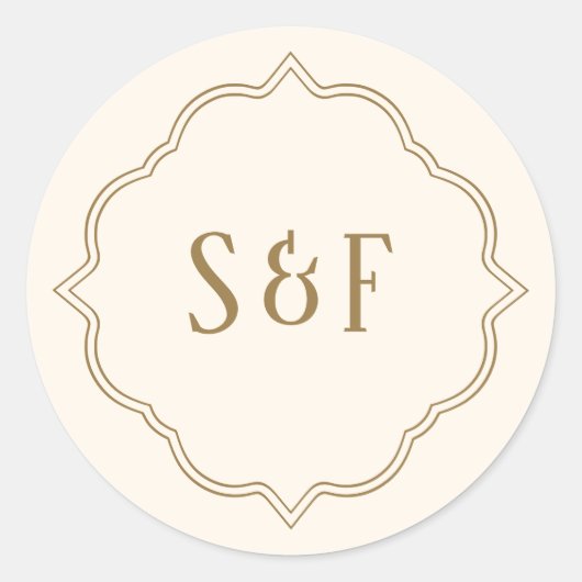 クリームと金ゴールド華美モノグラム封筒用シール ラウンドシール (正面)