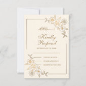 クリームと金ゴールド葉フローラスブランチムスリム結婚ズ 出欠カード (正面)