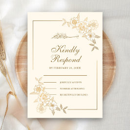 クリームと金ゴールド葉フローラスブランチムスリム結婚ズ 出欠カード
