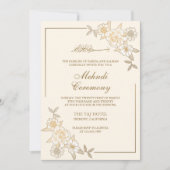 クリームと金ゴールド葉フローラブランチムスリムメンディ 招待状 (正面)