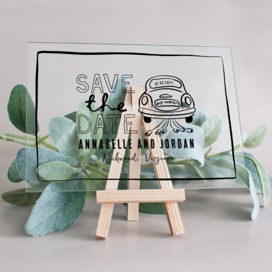 クリームと黒お洒落手引き車 アクリル招待状