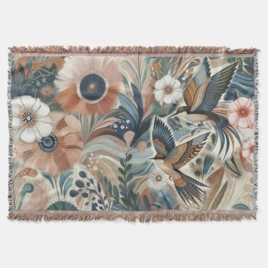 クリームにティール(緑がかった色)、マゼンタ、紫のボヘミアンミックス スローブランケット (正面)