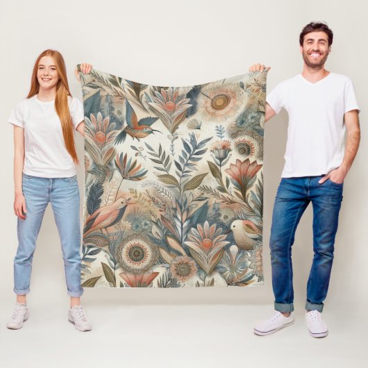 クリームにティール（緑がかった色）、マゼンタ、紫のボヘミアンミックス フリースブランケット (インサイチュ)