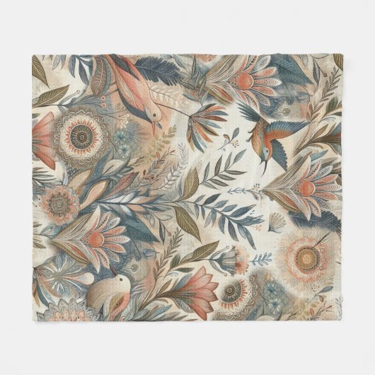 クリームにティール(緑がかった色)、マゼンタ、紫のボヘミアンミックス フリースブランケット (正面(横))