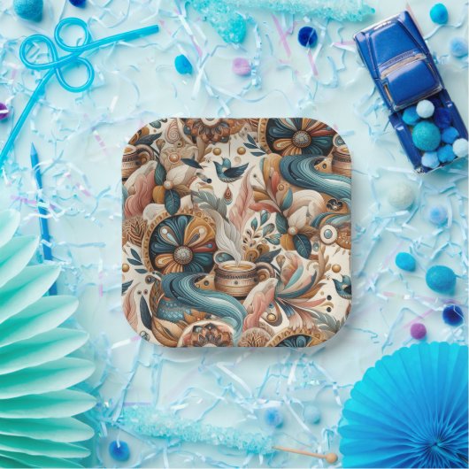 クリームにティール(緑がかった色)、マゼンタ、紫のボヘミアンミックス ペーパープレート (パーティー)