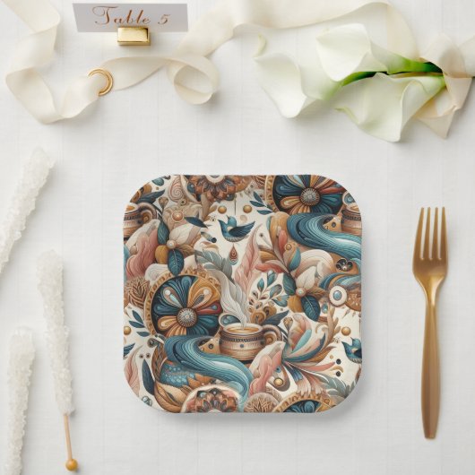 クリームにティール(緑がかった色)、マゼンタ、紫のボヘミアンミックス ペーパープレート (ウェディング)