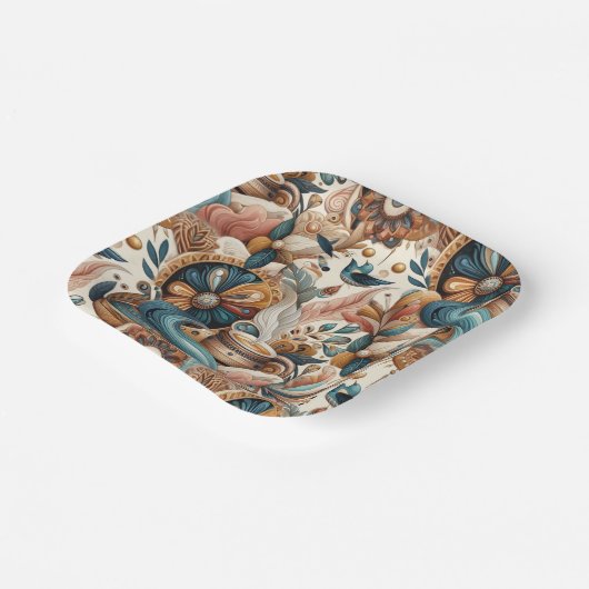 クリームにティール(緑がかった色)、マゼンタ、紫のボヘミアンミックス ペーパープレート (傾斜あり)