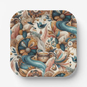 クリームにティール(緑がかった色)、マゼンタ、紫のボヘミアンミックス ペーパープレート (正面)