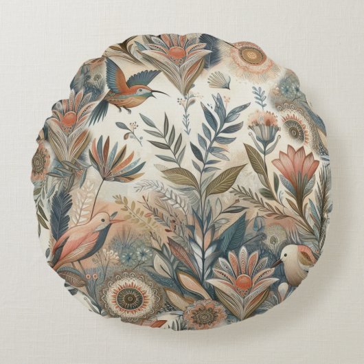 クリームにティール(緑がかった色)、マゼンタ、紫のボヘミアンミックス ラウンドクッション (正面)