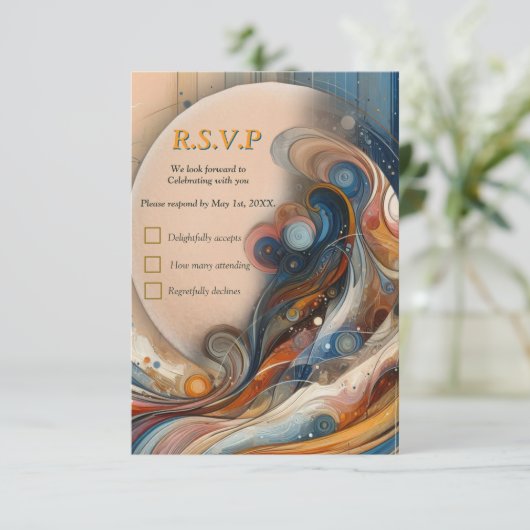 クリームにティール（緑がかった色）、マゼンタ、紫のボヘミアンミックス 出欠カード (スタンド正面)