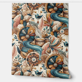 クリームにティール（緑がかった色）、マゼンタ、紫のボヘミアンミックス 壁紙