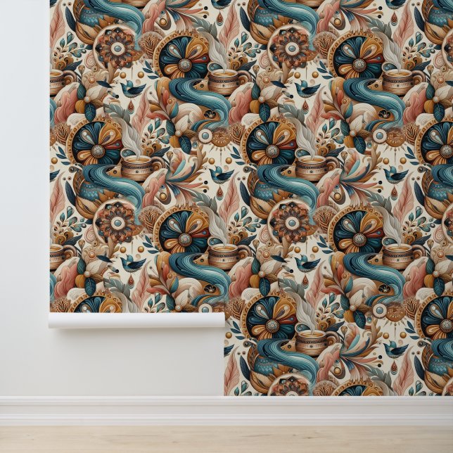 クリームにティール（緑がかった色）、マゼンタ、紫のボヘミアンミックス 壁紙 (アプリケーション)