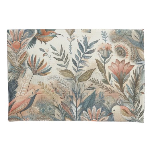 クリームにティール（緑がかった色）、マゼンタ、紫のボヘミアンミックス 枕カバー (正面)