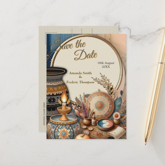 クリームにティール（緑がかった色）、マゼンタ、紫のボヘミアンミックス 案内ポストカード (正面/裏面インサイチュ)