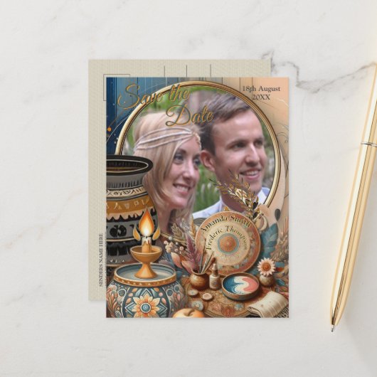 クリームにティール(緑がかった色)、マゼンタ、紫のボヘミアンミックス 案内ポストカード (正面/裏面インサイチュ)