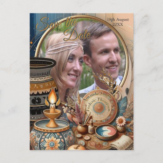 クリームにティール（緑がかった色）、マゼンタ、紫のボヘミアンミックス 案内ポストカード (正面)