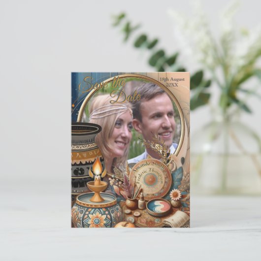 クリームにティール（緑がかった色）、マゼンタ、紫のボヘミアンミックス 案内ポストカード (スタンド正面)