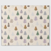 クリームにパターン(の模様が)ある格子模様のクリスマスツリー ラッピングペーパー (フラット)