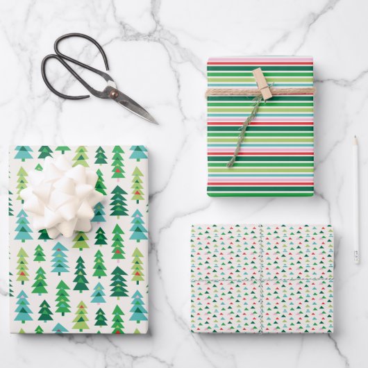 クリームに幾何学的なクリスマスツリー ラッピングペーパーシート (正面)
