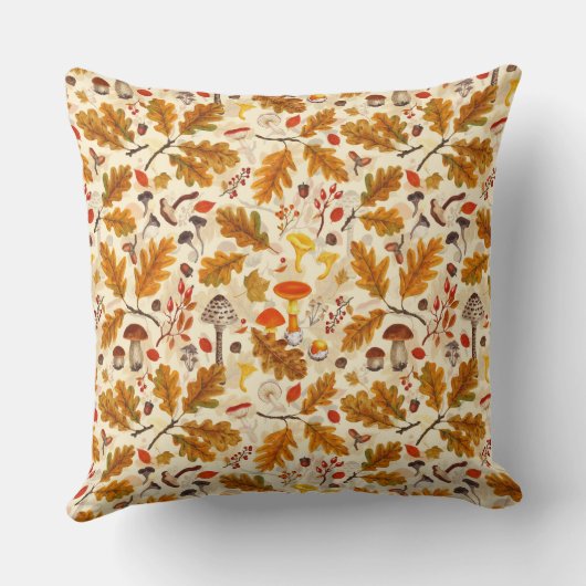 クリームに森のキノコと秋の植物 クッション (裏面)