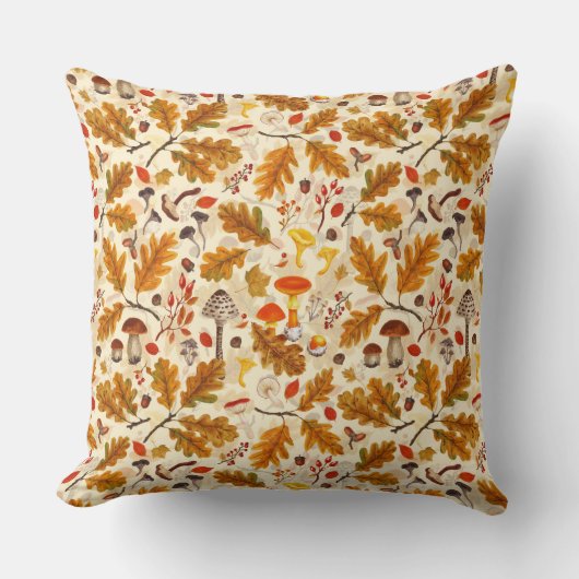 クリームに森のキノコと秋の植物 クッション (正面)