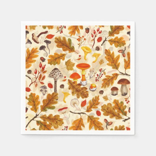 クリームに森のキノコと秋の植物 スタンダードカクテルナプキン (正面)