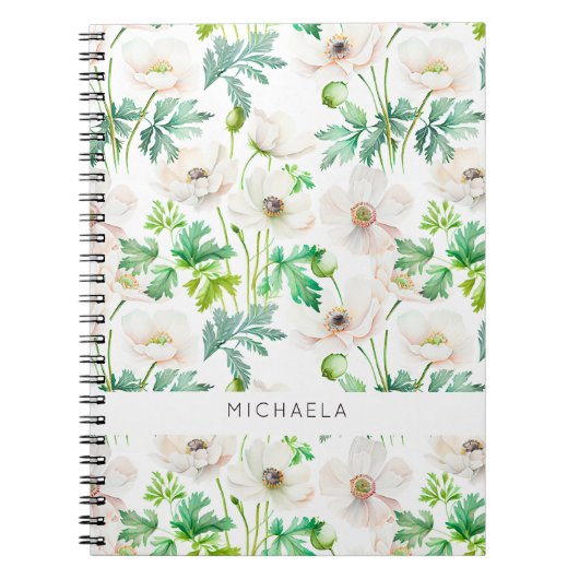 クリームに白いアネモンの花をつけている ノートブック (正面)
