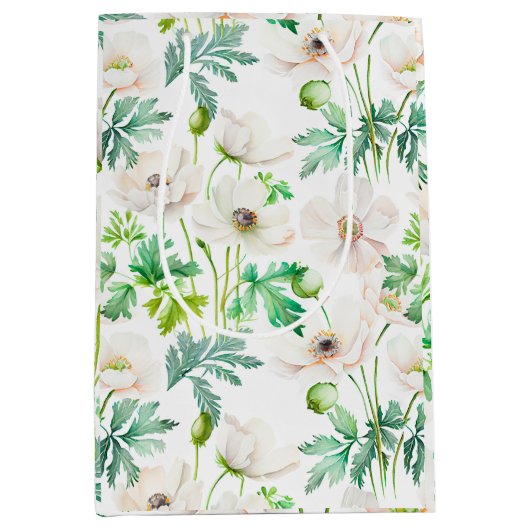 クリームに白いアネモンの花をつけている ミディアムペーパーバッグ (正面)