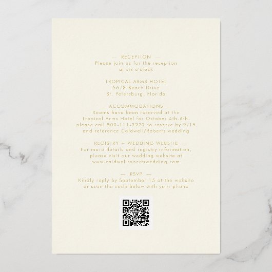 クリームに金ゴールド書を一つにまとめ結婚て 箔招待状 (裏面)