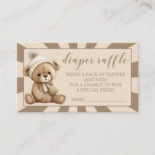 クリームぬいれクマおむつラッフル赤ちゃんシャワーカード エンクロージャーカード (正面)