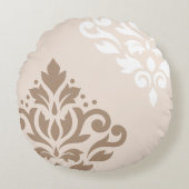 クリームのスクロールダマスク織の芸術Iの軽い暗灰色及び白 ラウンドクッション (正面)