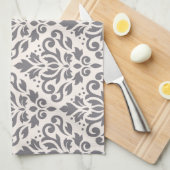 クリームのスクロールダマスク織パターン灰色 キッチンタオル (四つ折り)