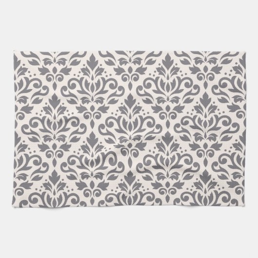 クリームのスクロールダマスク織パターン灰色 キッチンタオル (横)