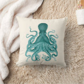 クリームのターコイズのタコのイラストレーション クッション (ブランケット)