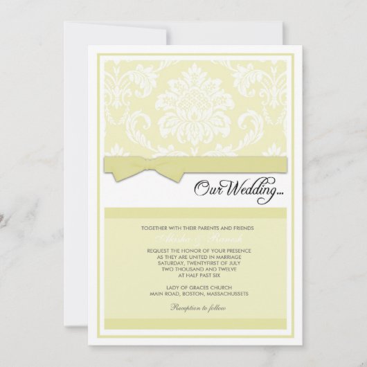 クリームのダマスク織の結婚式招待状 招待状 (正面)