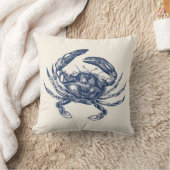 クリームのヴィンテージのカニのイラストレーションの濃紺 クッション (ブランケット)