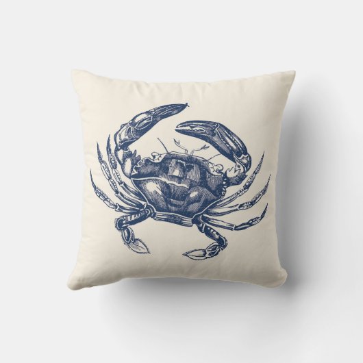 クリームのヴィンテージのカニのイラストレーションの濃紺 クッション (裏面)