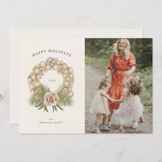 クリームの休日の葉オーナメントリースの写真カード シーズンカード (正面/裏面)