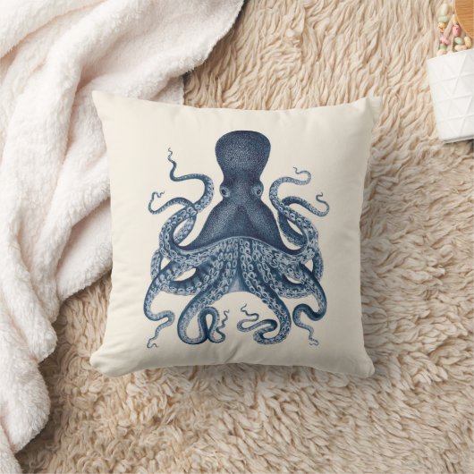 クリームの濃紺のタコのイラストレーション クッション (ブランケット)