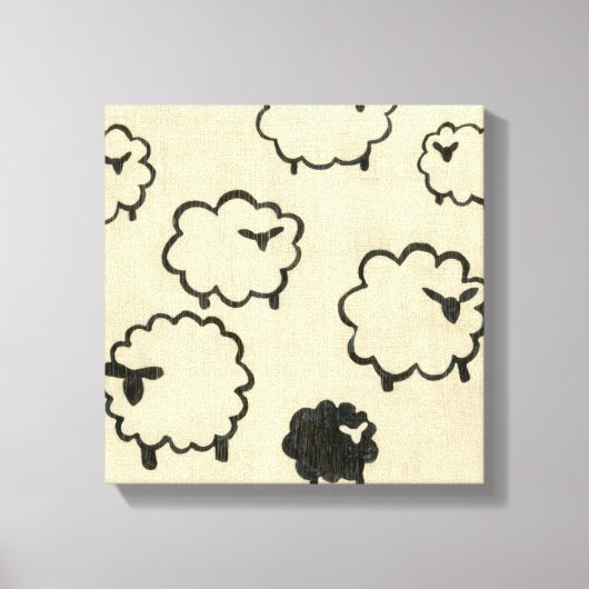 クリームの背景に白と黒の羊 キャンバスプリント (正面)