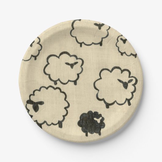 クリームの背景に白と黒の羊 ペーパープレート (正面)