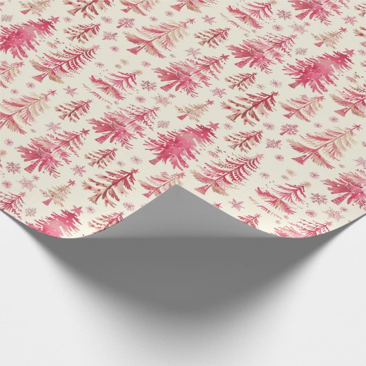 クリームの背景に赤と金ゴールドのクリスマスツリー ラッピングペーパー (角)