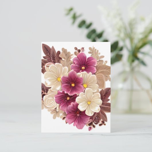 クリームアイボリーとブルゴーニュの花をヴィンテージ過去 ポストカード (スタンド正面)